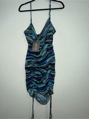 PrettyLittleThing Blue and Teal Zebra Stripe Mini Dress